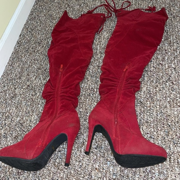 Womens De Blossom Collection Over The Knee Red Heeled Boots - Picture 3 of 9